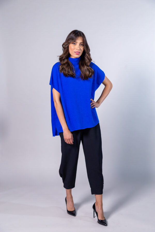 Woman wearing Knitted Blue Jumper