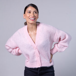 Woman wearing Knitted V neck jumper
