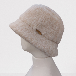 Image of a fluffy beige bucket hat