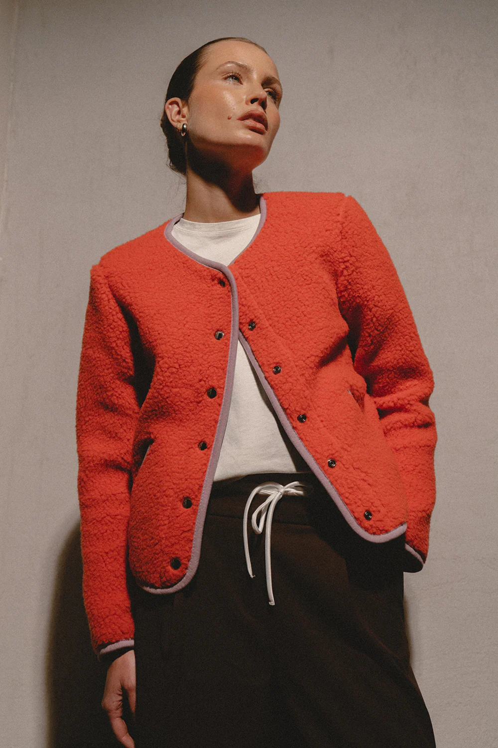 Woman wearing Yoko Wool gray jacket image